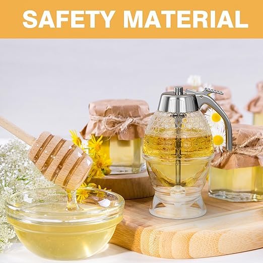 Luxansa Honey Dispenser No Drip Glass, Honey Container Glass Syrup Dispenser Beautiful Shaped Honey Pot Olive Oil Dispenser Bottle Glass Honey Jar with Stand Great Decor Honey Containers 3