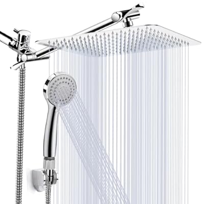 Shower Head, Kaqinu 10'' High Pressure Rainfall Shower Head/Handheld Showerhead Combo with 11” Extension Arm, Anti-leak Shower Head with Holder/Hose, Flow Regulator - Chrome