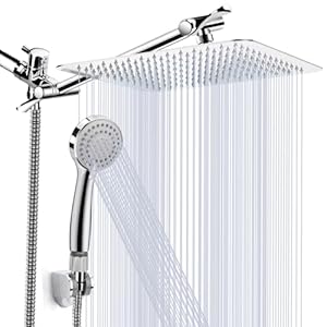 kaqinu Shower Head , 8 Inch High Pressure Rainfall Shower Head / Handheld Showerhead Combo with 11 Inch Extension Arm, Anti-leak Shower Head with Holder/ Hose, Flow Regulator, Chrome