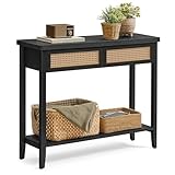 VASAGLE Console Sofa Table, Narrow Entryway Table, 2 Drawers, Open Storage Shelf, Rounded Corners, for Living Room, Boho Style, Ash Black ULNT016BF01S