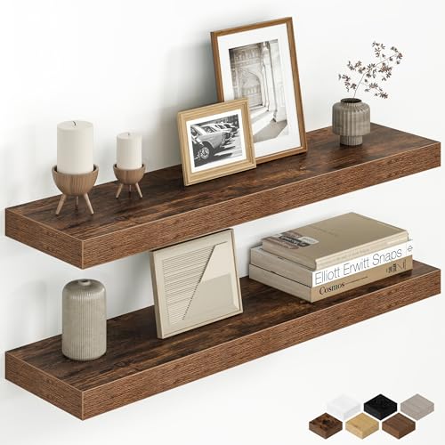 30 Inch Floating Shelves for Wall Rustic Wood Wall Mounted Deep Storage Shelves with Invisible Brackets Large Decorative Display Ledge for Living Room Bathroom and Kitchen Set of 2 Rustic Brown