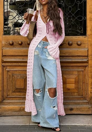 Image of Unybwonn Long Cardigans for Women Crochet Hollow Out Knit Sweater Cover up Maxi Dress Long Sleeve Button Down Cardigan