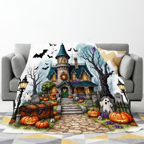 Koc z polaru dwuosobowego w kratę, nawiedzony dom, bardzo duży koc premium 240 x 260 cm | Wielofunkcyjny jako narzuta na łóżko lub wzór w kratę, wyszukane i stylizowane wnętrze C136