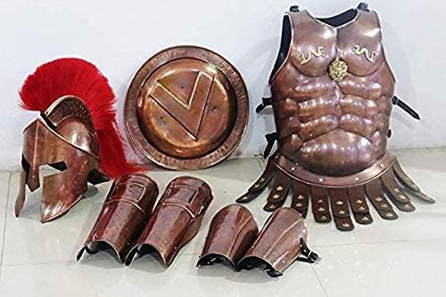 NauticalMart Medieval Copper 300 Spartan Set Muscle Armor Helmet W/Red Plume Leg Arm Guards Halloween