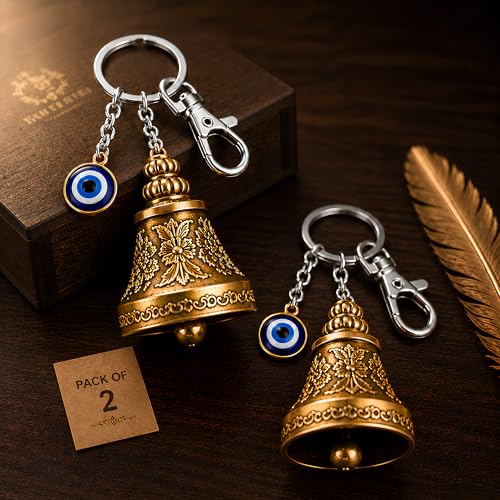 Image of Guardian Bell Keychain for Bike & Car | Tibetan Style Bell Keyring with Evil Eye Charm & ๐๐๐๐ฎ๐ซ๐ Silver Clip | Good Luck Rider Accessory Gift for Men & Women- ๐๐๐๐ค ๐จ๐ ๐