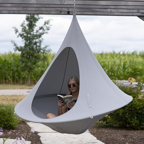 Image of Double Cacoon Hanging Chair for Two - Cozy Indoor /Outdoor Hammock with Polyester Canvas, 440 lb Capacity, Includes 18ft Rope & Carabiner (Moon River)