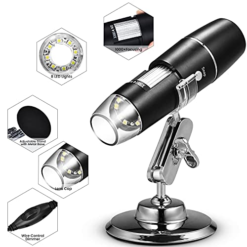 Image of Handheld USB Digital Microscope with Metal Stand, Portable HD 1000 X Magnification Inspection Camera with 8 LED Light for Android Mac Windows Computer