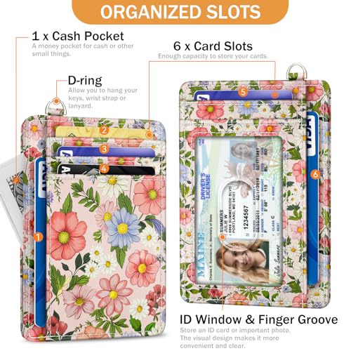 Image of Yonlevres Floral Credit Card Holder Slim RFID Wallet Women Small Travel | Front Pocket, Handy, RFID Blocking, Woman Girls Ladies Gifts, D-ring for Keychain,Thin Mini Card Case, ID Window, PU Leather