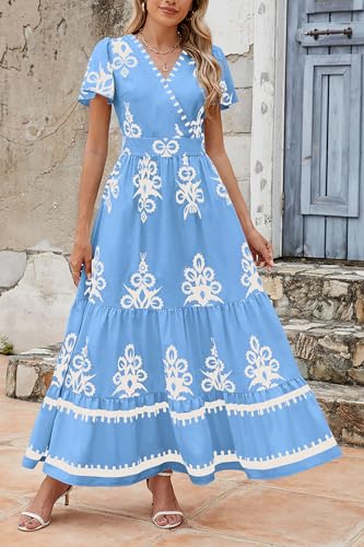 Image of PRETTYGARDEN Womens 2026 Summer Casual V Neck Boho Maxi Dress Flowy Aline Bell Sleeve Tiered Floral Dresses with Pocket