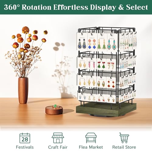 Image of EsLuker.ly Rotating Earring Display Holder Stand for Vendors Events Selling, Large Capacity 64 Hooks Jewelry Rack with Wooden Base for Earring Card Sales, Enhances Retail Visibility(Rustic Gray)