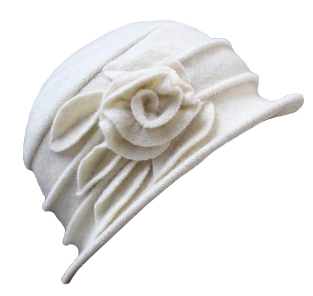 AvilegoWomens Wool Cloche Bucket Hat Slouch Wrinkled Winter Warm Beanie Cap with Flower