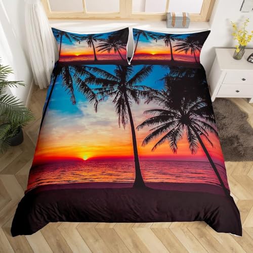 Loussiesd Océan Plage Theme Ensemble de Literie Set Palmiers Tropicaux Coucher de Soleil Housse de Couette 220x240cm, Station balnéaire sereine avec Vue sur...