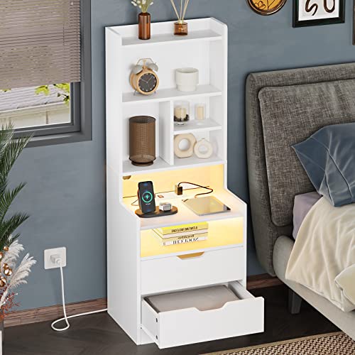 ADORNEVE Tall Night Stand with Charging Station, LED Lights & Bookshelf