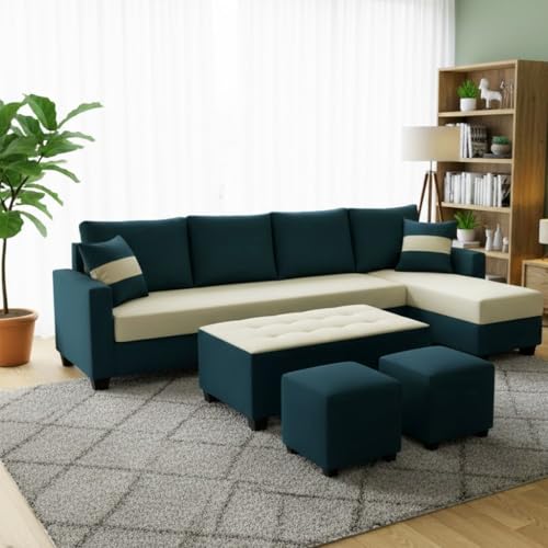 Image of CASASTYLE Adonway 8 Seater Fabric RHS L Shape Sofa Set (Cream-Greenish Teal) Premium Velvet Finish | Ideal for Living Rooms