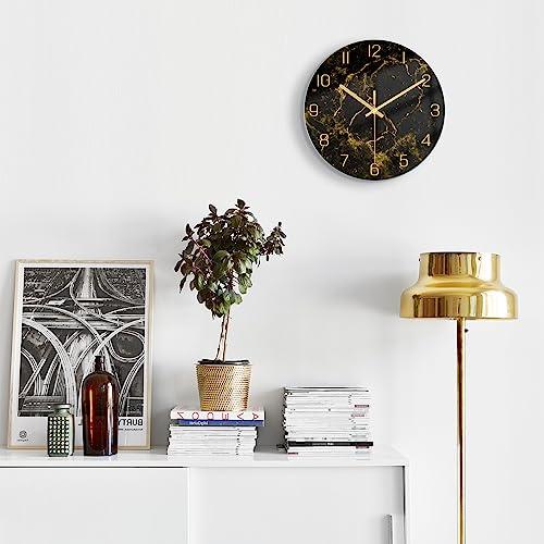Vikmari CK-BLACK01-30-25530 Black Modern Marble Texture Clock Gold Hands Rustic Kitchen Decor 12 Inch Wall Clock Battery Operated Non-Ticking Large Round Quartz Golden Decorative thumb #6