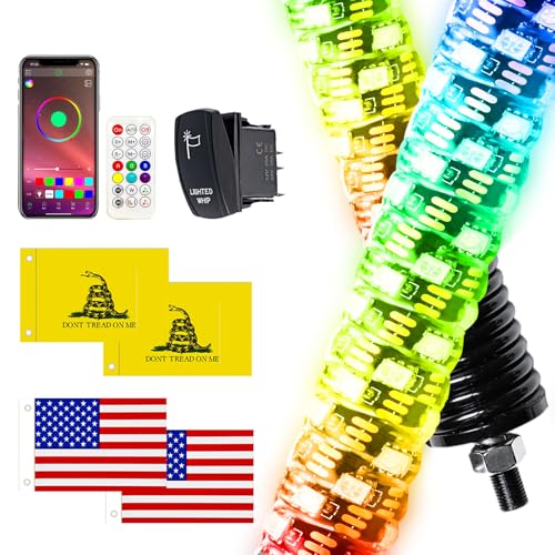 1.8 in Diameter 2PCS 2FT Fat Whip Lights with Upgraded Base Spiral RGB Chasing Led Whip Lights for Side by Side APP & Remote Control Music Led Whips with Rocker Switch for UTV ATV RZR SXS Can-Am