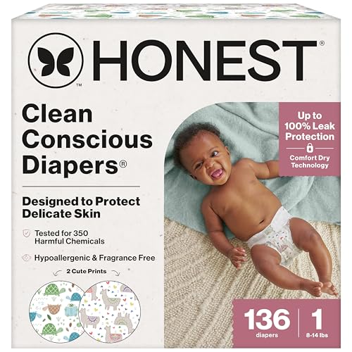 Image of The Honest Company Comfort Dry Disposable Diapers for Sensitive Skin, Hypoallergenic, All The Alpacas + Turtle Time, Super Club Box Size 1 (8–14 lbs), 136 Count