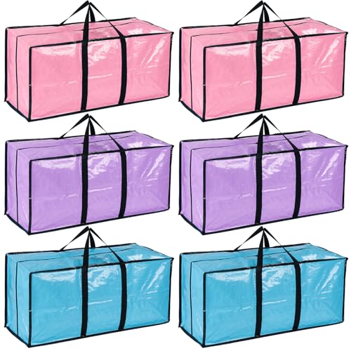 Paquete de 6 cajas de mudanza extra grandes y fuertes con tapa y cremalleras, caja de almacenamiento grande resistente para mudanzas, ropa, edredón, viajes, bolsas de lavandería, bolsa de embalaje