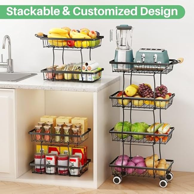 Fruit Basket Kitchen Pantry Organizers and Storage - 4 Tier Stackable Metal Wire Basket Stand for Fruit Vegetable Snacks Jars Bins Containers Organization, Black-R5zv4MQz