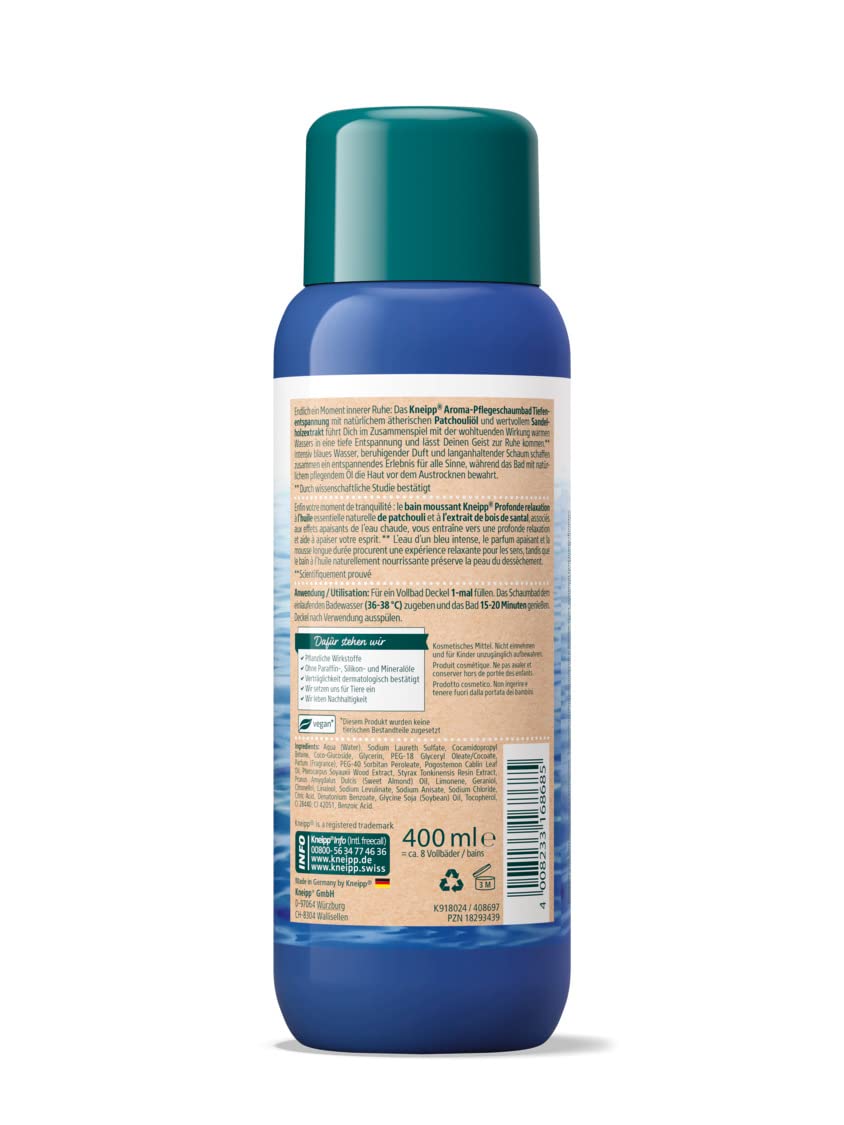 Kneipp Aroma Care - Aditivo de baño de espuma para relajación profunda con valioso extracto de sándalo y aceite esencial natural de pachulí, experiencia de baño nutritiva y relajante, 400 ml