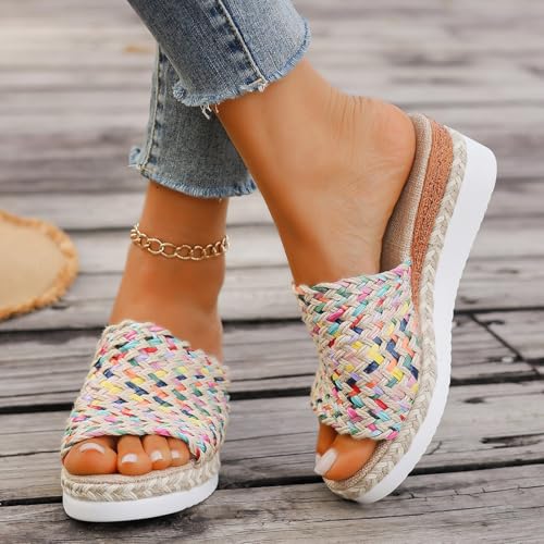 Platform Espadrille Sandals for Women Wedges Slides,Multicolor Sandals for Women,2025 Orthopedic Woven Open Toe Casual Slip on Sandals,Comfortable Wide Width Walking Dress Shoes for Beach Vacation