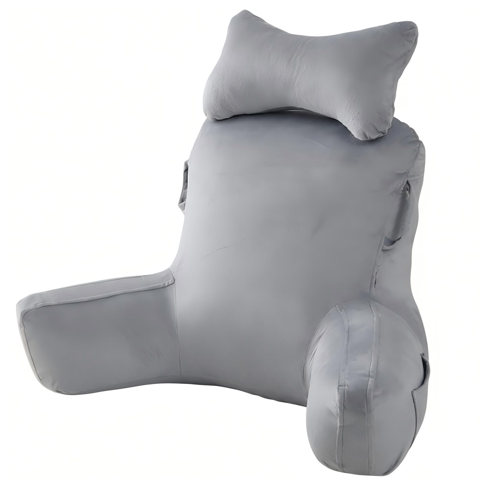 Almohada de Lectura para Adultos con reposabrazos: Suave cojín de Terciopelo Ideal para Leer, Ver la televisión o Jugar, con Bolsillos Laterales y Funda Lavable. (Gris Claro)
