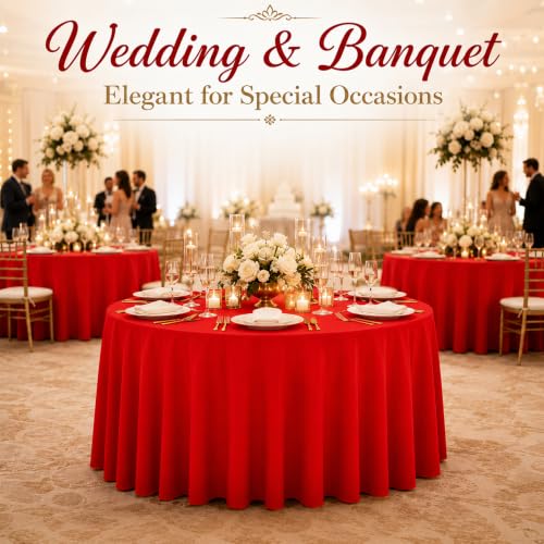 Image of WNINK 4 Pack Red Round Tablecloth, 84 Inch Disposable Plastic Table Covers, Red Round Table Cover for Birthday Parties, Holiday, Picnic, BBQ, Family Gathering Party Supplies