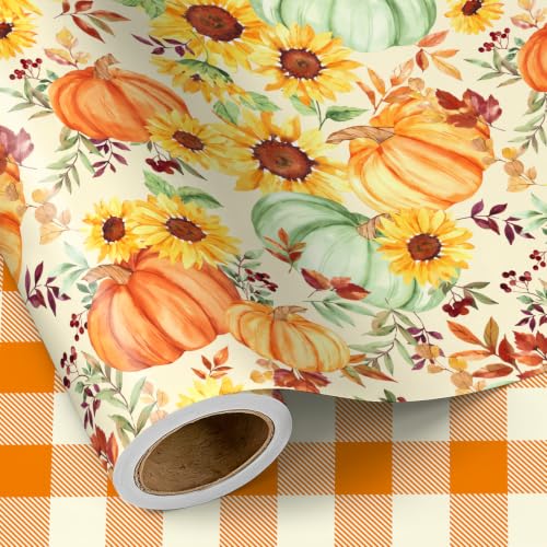 RUSPEPA Reversible Fall Wrapping Paper Roll Mini Roll Pumpkin Sunflower Harvest Pattern and Orange Gingham Plaid Double-Sided Gift Wrap for Thanksgiving Autumn Party Gifts 17 Inches x 16.4 Feet