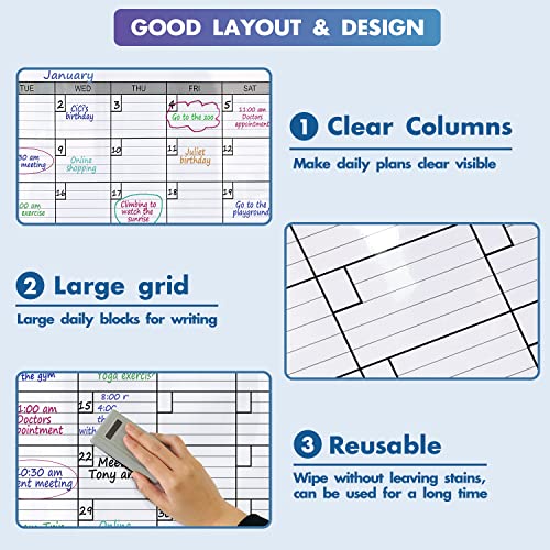 Image of Dry Erase Monthly Extra Large White Board Calendar for Wall, 25 inch by 38 inch, Jumbo Laminated Erasable One Month Whiteboard Calendar, Huge Oversized Blank 30-Day Poster with Lines and Squares