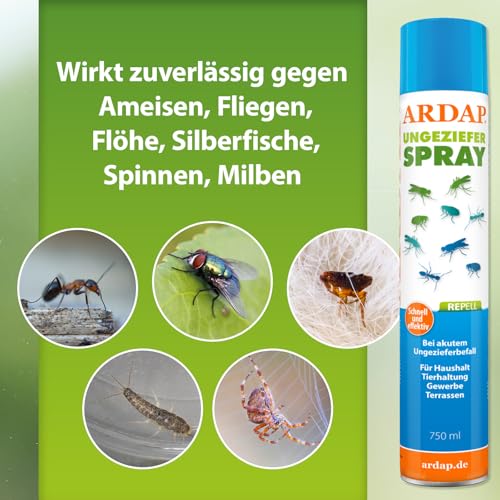 ARDAP Repell Ungezieferspray 750ml - Insektenspray bei akutem Ungezieferbefall - Abwehrend bei Insektenbefall - Insektenspray Wohnung - Schädlingsfrei - Wirkt schnell & effektiv (PT19)