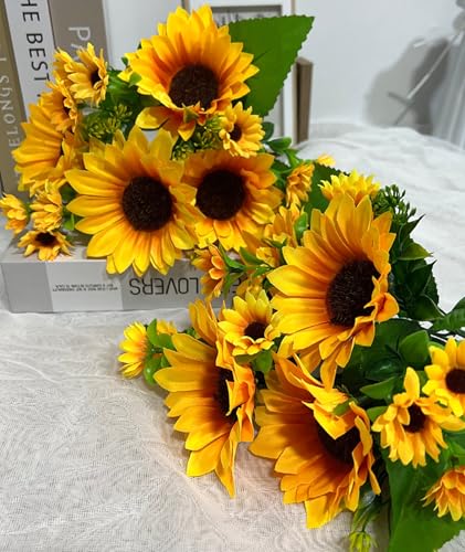 Image of Sunflower Artificial Flowers Bunch, Artificial Flowers for Vase Long Stem, Home Decor Wedding Party Office Decoration, Flower Vase