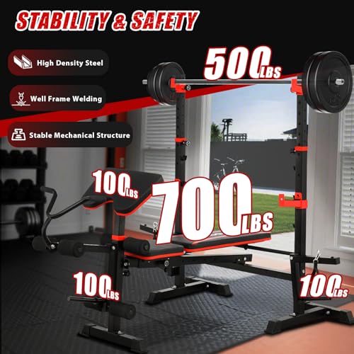 1500LBS 8 in 1 Olympic Weight Bench Set with Leg Extension/Curl and Preacher Curl, Bench Press Set and barbell Rack with Safety Bar Catches, Foldable Workout Benches for Home(US Stock)