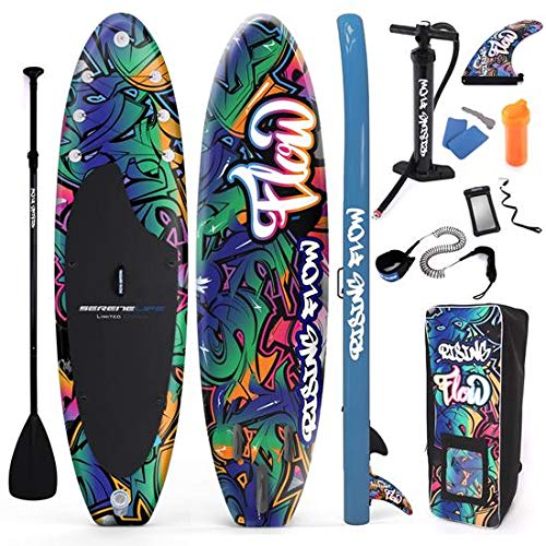 SereneLife Inflatable Stand Up Paddle Board-10Ft. Graffiti Standup SUP Paddle Board w/Oar, Air Pump, Ankle Leash, Paddleboard Repair Kit, Waterproof Mobile Phone Case, Storage/Carry Bag SLSUPB636.5