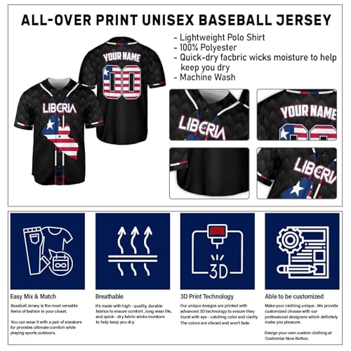Personalized Liberia Baseball Jersey, Custom Liberian Pride Shirt,Liberian Shirt, Liberian Flag Baseball Jersey for Men Women miniatura 7