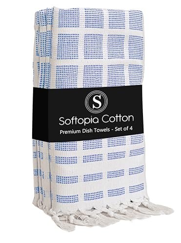 Image of Matrix Dobby Kitchen Towels 4 Pack, 100% Cotton, 16x26 Inches, Handmade Knotted Tassel Dish Towels, Quick Dry, Durable, Absorbent and Reusable Cleaning Cloths - Sky Blue, Natural