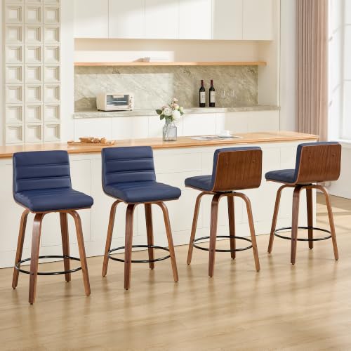 Image of Swivel Bar Stools Set of 6,26 inch Faux Leather Counter Height Barstools with Back,Mid Century Modern Upholstered Bar Chairs with Bentwood Legs Island Stools for Kitchen Counter Darkblue