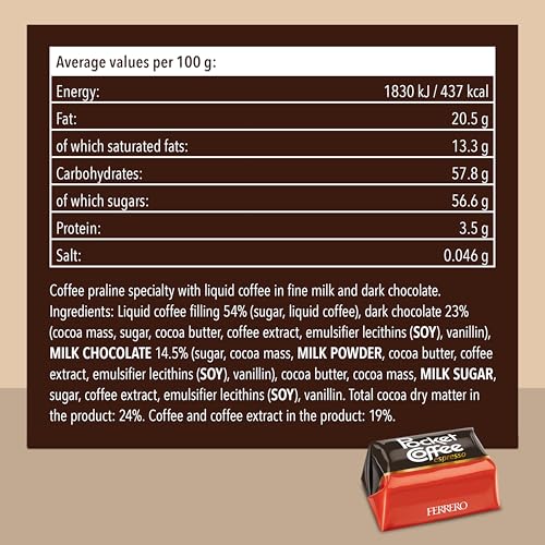 Pocket Coffee Espresso – 3 Packungen à 18 Pralinen (3 x 225g) – Schokolade gefüllt mit Kaffee – Süßigkeiten mit 100% Arabica Espresso – Ideal für unterwegs – Ein süßer Genuss mit Koffein
