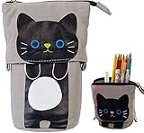 Pencil Holder, Cartoon Cute Cat Pencil Case Telescopic Canvas Pencil Pouch Multifunctional Stationery Pen Case Box with Metal Zipper for Girls & Children (Gray)