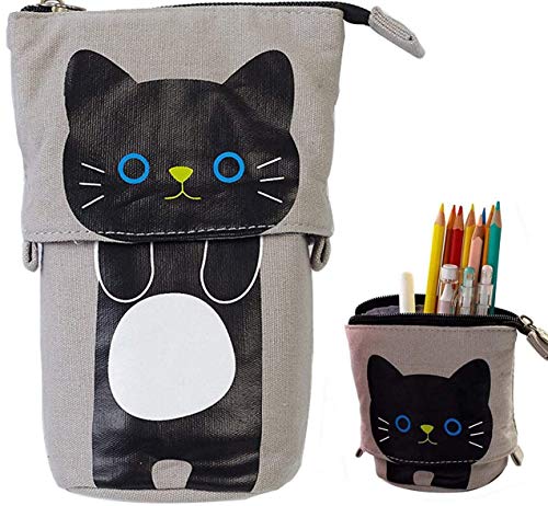 Pencil Holder, Cartoon Cute Cat Pencil Case Telescopic Canvas Pencil Pouch Multifunctional Stationery Pen Case Box with Metal Zipper for Girls & Children (Gray)