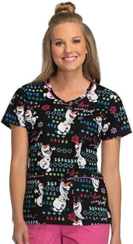 Tooniforms by Cherokee Women's V-Neck Olaf Print Scrub Top Small Print