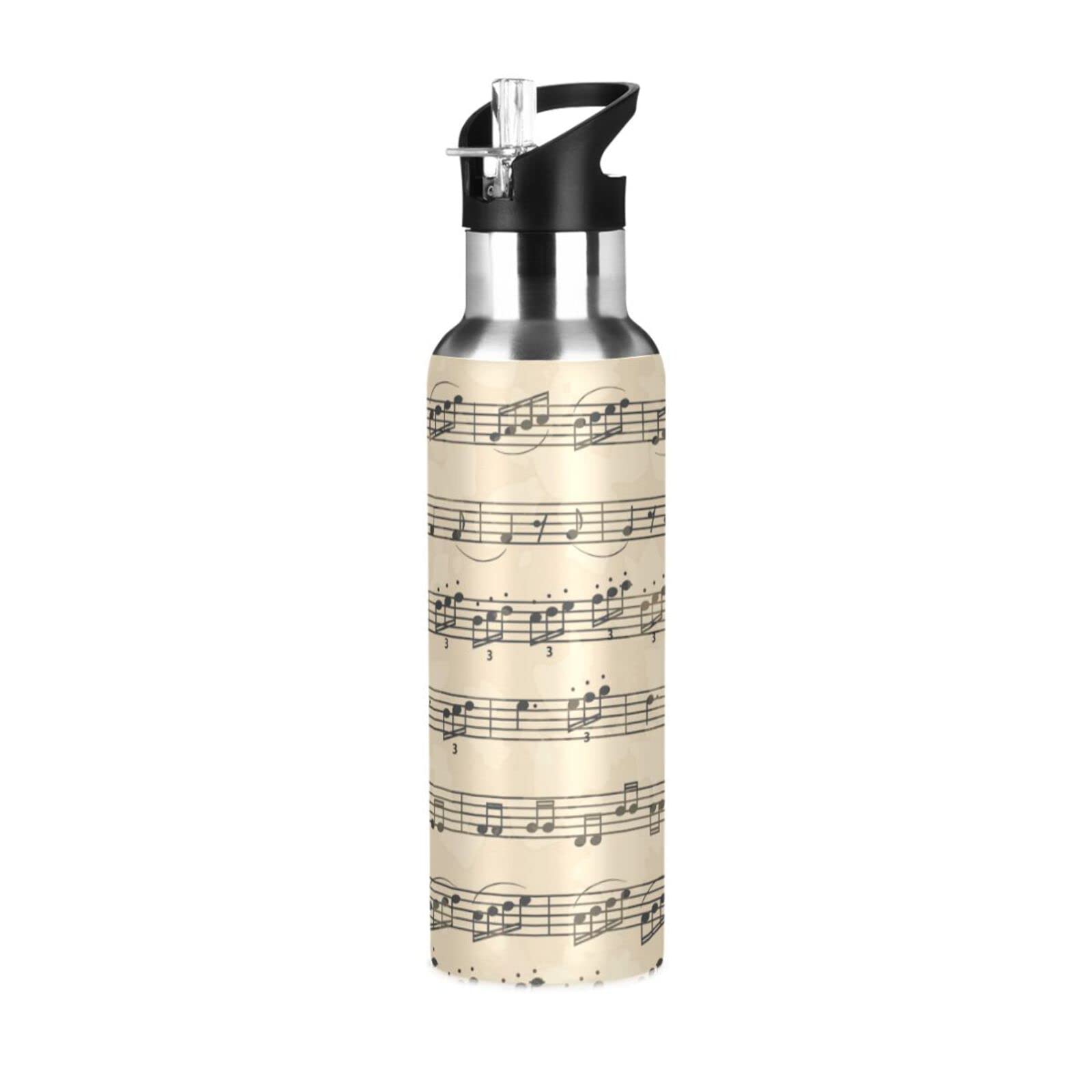 Bouteille d'eau isotherme en acier inoxydable de 591 ml avec paille à motif notes de musique