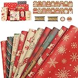 Variedad de patrones: El juego de papel de regalo tiene una variedad de patrones de elementos navideños: Papá Noel, trineo, alce, árbol de Navidad, calcetines, copos de nieve, campanas, bastón de Jesús, etc. Puede elegir libremente según sus preferencias para crear un ambiente navideño perfecto
