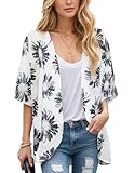 Women's Kimono Cardigans Beach Cover ups Swimwear Puff Sleeve Loose Casual Floral Print Summer Tops,(Dasiy White,XL)