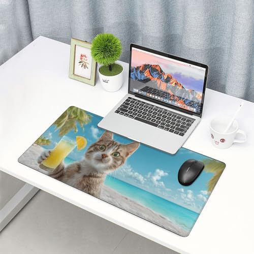 Image of Summer Cat Beach Extended Gaming Mouse Pad, with Stitched Edges Large Mouse Pad Desk Protector, Rubber Base Mousepad Keyboard Mouses Mat for Work Game Office Home- 32 inch X 12 inch Inch,E222