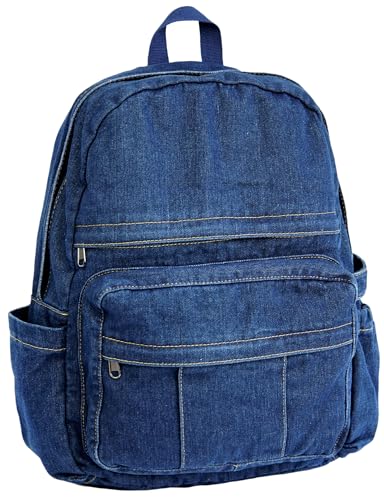 YunZh Mochila jeans estilo casual leve mochila clássica retrô para viagem, Preto, azul, Medium, Mochilas Daypack