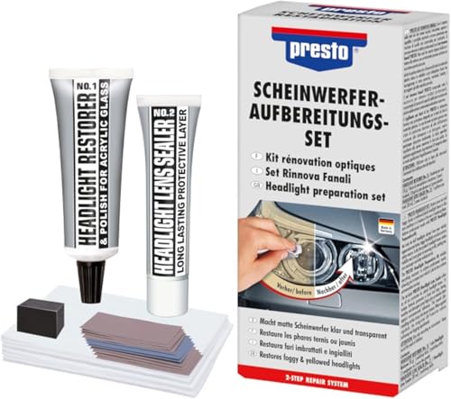presto Scheinwerfer-Aufbereitungs-Set, Komplettes Set zur Scheinwerferaufbereitung, für Auto & Motorrad, inkl. Politur, Entfernt Kratzer, UV-Schutz