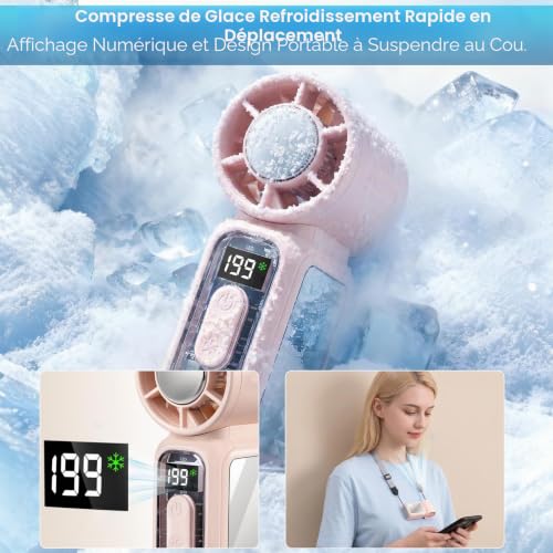 GlobalCrown Mini Ventilateur Portable à Main,Petit Ventilateur de Poche avec compresse de glace,rechargeable format compact idéal pour voyages, concerts,camping et le maquillage avec miroir intégré – vue 9