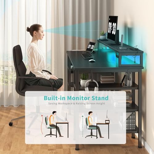 Image of Lufeiya Gaming Desk with LED Lights and Storage Shelves, 47 inch Computer Desk with Power Outlets, Home Office Desk with Monitor Stand, Writing Table PC Desks, Black