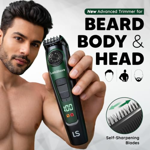 Image of LetsShave Beard Trimmer for Men | All-in-One Beard, Hair & Body Trimmer | 120 Min Runtime | LED Battery Display | USB-C Fast Charging | 3-Year Warranty | Self-Sharpening Stainless Steel Blades | Free Pro Styler