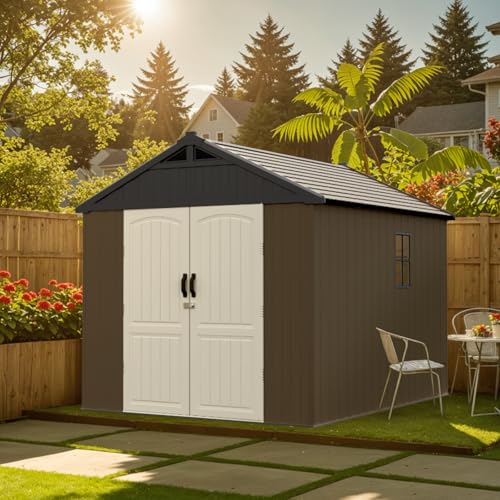 Image of Patiowell 8 x 8 FT Plastic Outdoor Storage Shed with Floor, Resin Shed with Window and Lockable Door for Garden, Backyard, Tool Storage Use, Easy Assemble, Gray (Kick-it Shed)